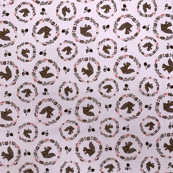 Coton à motif - Écureuil Rose